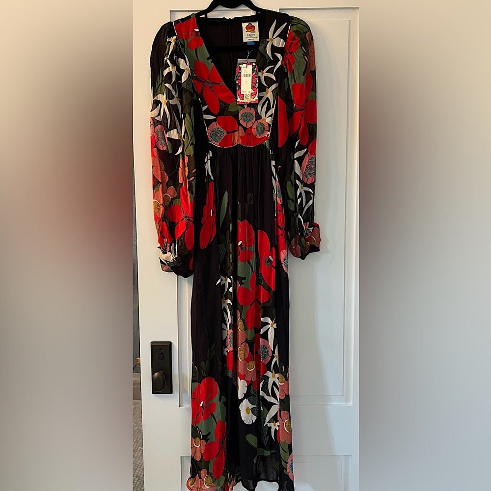 FARM Rio Black and Red Wrap Gown with Bishop Sleeves